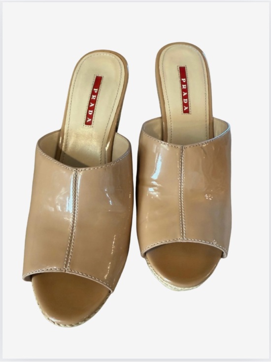 Prada Shoes - Prada Nude Patent Leather Open-Toe Slide Mules
